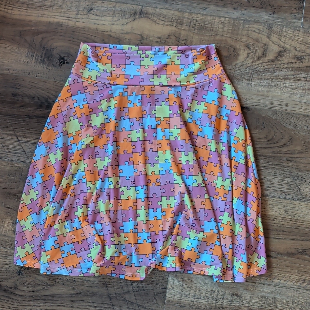 LuLaRoe Azure Multicolor Puzzle Print Skirt, Size 10, Autism Awareness, NWOT